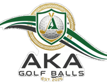 AKA Golf Balls logo featuring a golf ball shield and clubs with green and gold accents.