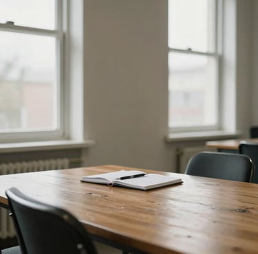 Wide shot of a quiet meeting room, two chairs angled toward each other across a worn oak table, a notebook open and a pen resting beside it, soft north-facing daylight through tall windows, no people visible, documentary stillness