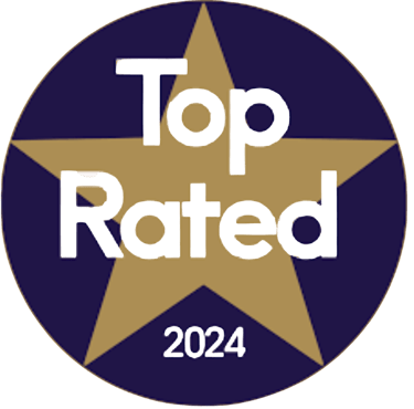 A Top Rated 2024 gold star emblem on a navy blue circular background for award recognition.