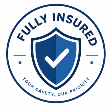 Fully insured badge with blue shield and checkmark symbol for business safety and reliability.