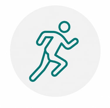 A teal minimalist running person icon on a white circular background for fitness and health.