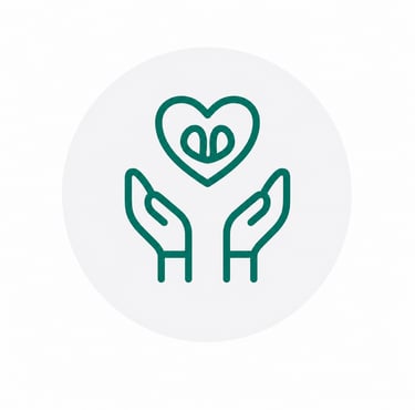 Green line icon of hands holding a heart, representing charity, healthcare, and community support.