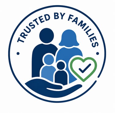 Trusted by families seal featuring a blue family icon with a green heart and checkmark.
