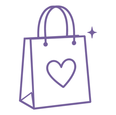 Purple line art icon of a shopping bag with a heart on a black background.