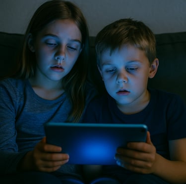 Two children looking at a bright screen