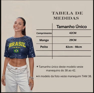Cropped Feminino Brasil Paetê Azul Brilhante Look Torcida Copa Moda