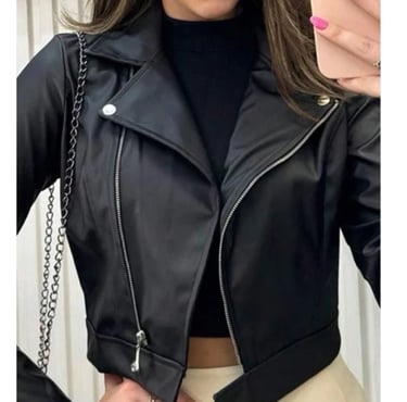 Jaqueta de Couro Feminina Com Ziper Inverno