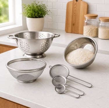 Kit 4 peças Escorredor De Arroz + Escorredor De Macarrão + Escorredor telado + 3 Peneiras