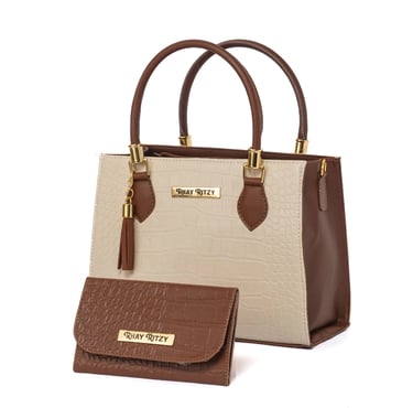 Kit Bolsa Lorena Com Carteira Feminina Bicolor Elegante de Mão e Alça Transversal