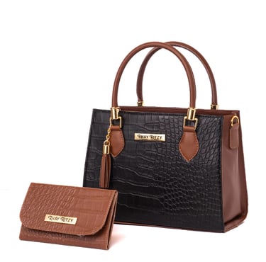 Kit Bolsa Lorena Com Carteira Feminina Bicolor Elegante de Mão e Alça Transversal