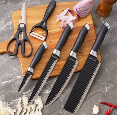 Kit facas de cozinha/Churrasco Profissional Antiaderente 6 Peças Preto