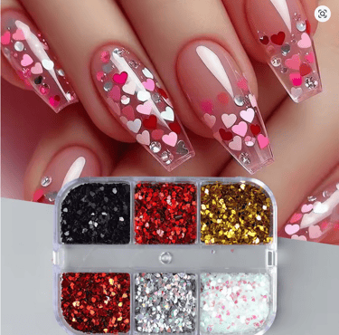 Long coffin acrylic nails with pink heart glitter sequins and a 6-grid nail art kit.