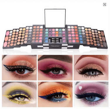Professional multi-color eyeshadow palette kit with vibrant eye makeup looks and winged eyeliner.