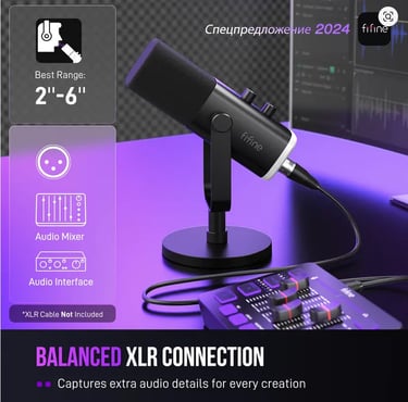 Fifine dynamic microphone with balanced XLR connection for audio mixers and interfaces.