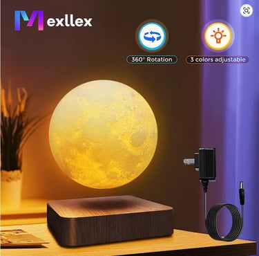 Levitating moon lamp with 360-degree rotation and adjustable colors on a wood base for home decor.