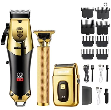 Professional gold cordless hair clipper set with beard trimmer, foil shaver, and guard attachments.