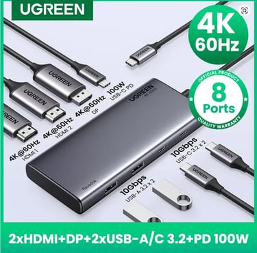 UGREEN 8-port USB-C hub with dual 4K 60Hz HDMI, DisplayPort, and 100W PD charging for laptops.