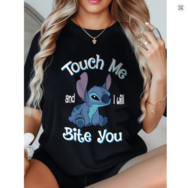 Woman wearing a black Stitch graphic t-shirt with the funny text Touch Me and I will Bite You.