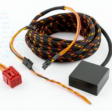 Vehicle-specific towbar wiring kit with control module and connectors for modern car electrics.