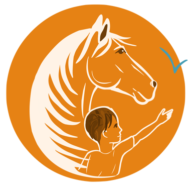 logo e'crin de vie. Cercle orange avec un cheval et un jeune garçon qui regardent vers l'avenir