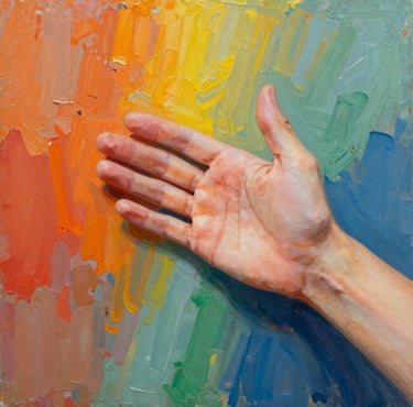 human hand on colourful background in oil painting style