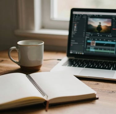 A creative workspace with a notebook, a ceramic mug, and a laptop showing content editing software, soft morning light, warm shadows