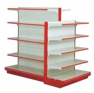 red and white free standing unit supermarket display rack