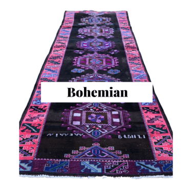 a pink, black and purple bohemian style rug runner