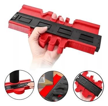 Red plastic contour gauge tool used for measuring and duplicating irregular shapes for woodworking.