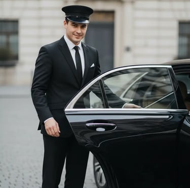 Professional private chauffeur opening the door of a luxury vehicle for a Mount Fuji day trip.