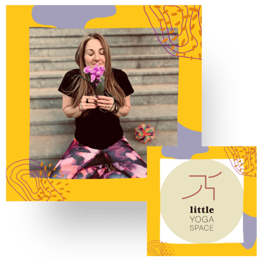 Kids yoga teacher holding a silk flower and inhaling with eyes closed and Lisbon studio logo.