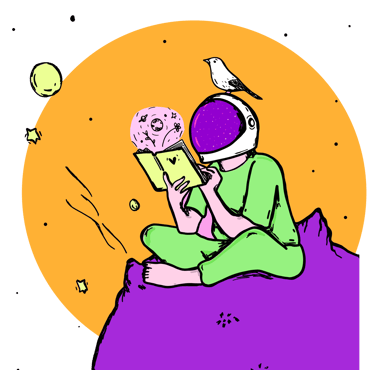 Ilustración surrealista de una astronauta leyendo en un planeta violeta con un pájaro