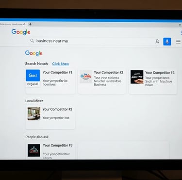 A Google search results page for “business near me” showing only competitors listed at the top, symbolizing poor visibility w