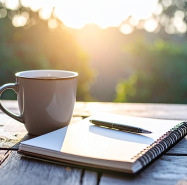 A ceramic coffee mug and pen on a spiral notebook at sunrise for morning journaling.