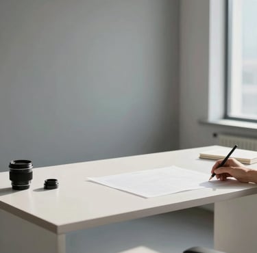 Professional photography of a minimalist design studio. A high-end workspace with a crisp off-white desk and a designer's hand subtly in frame. The environment is bright and clear, reflecting a sophisticated and trustworthy mood with muted slate grey and soft sky blue tones in the background.