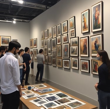 An art studio filled with several people engaged in drawing or painting portraits. Easels with various portrait sketches and paintings are scattered throughout the room. The atmosphere is busy and artistic, with numerous portraits displayed on the walls and on easels.