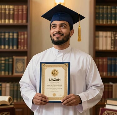 Muslim graduate holding Ijazah certificate from Be Reciter Academy UK.
