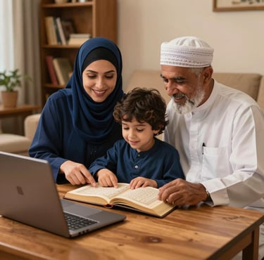 Muslim family learning Quran online together with Be Reciter Academy UK.