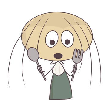 Cartoon character with a large head holding a spoon and fork, ready for a meal.