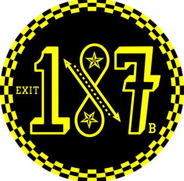 Yellow Exit 187 B graphic with stars and a checkered circle border on a black background.