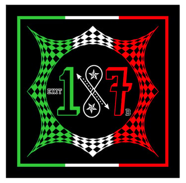 Graphic logo featuring Exit 187 B with traditional flag colors and geometric border.