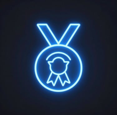 Minimalist neon blue medal icon representing achievement and quality on a dark background.