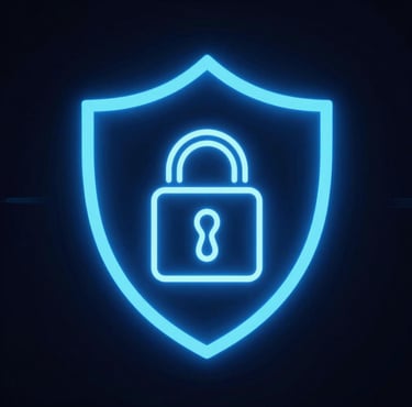 Neon blue shield icon on a dark background representing data security and digital protection.
