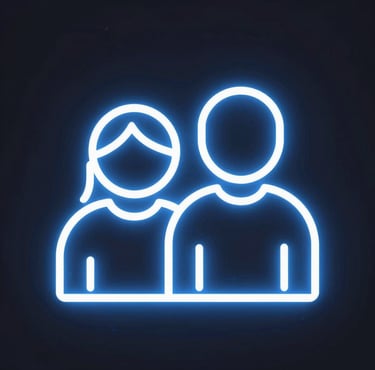Neon blue outline icon of two people representing a team or community on a dark background.