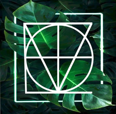 White geometric line art logo over lush green monstera leaves with a glowing neon square frame.