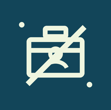 Minimalist icon of a briefcase with a line through it representing unemployment or job loss.