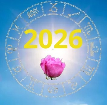 Soleil rayonnant au coeur d'un zodiaque avec une rose rose et 2026