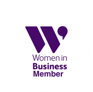 logo is a large purple letter w on a white background text reads women in business member