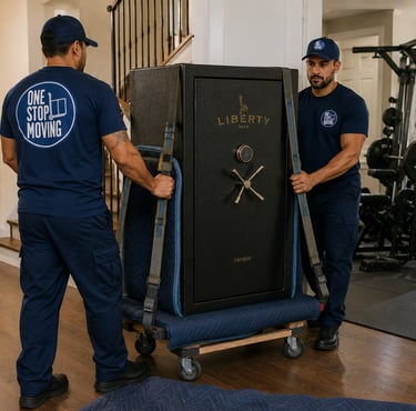 professional movers using equipment to safely move a heavy safe and gym equipment