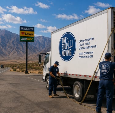 Professional movers loading a One Stop Moving truck at a desert truck stop with mountains in the background.